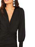 Women's Deep V Neck Twist Front Ruched Long Sleeve Mini Bodycon Dress