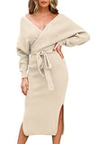 VamJump Women's V Neck Sweater Wrap Dress Batwing Long Sleeve Dress Backless Bodycon Maxi Dress with Belt