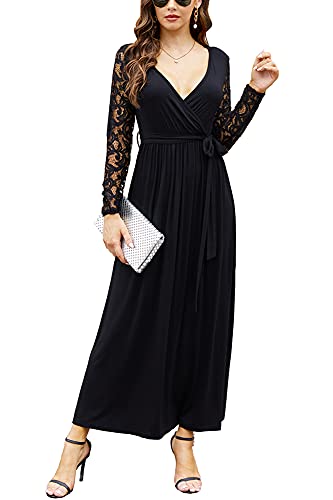 Womens Wrap V Neck Floral Lace Sleeve Party Long Maxi Dress With Belt