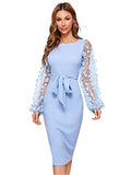 Women's Mesh Bodycon Dress Tube Dresses with Knot Belt Embroidery Flowers Appliqué Bishop Sleeves Knee-Length Oversized Pencil Plain Party Dresses | Women's Work Dresses
