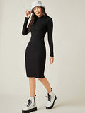 Women's Mock Neck Long Sleeve Rib Knit Midi Bodycon Pencil Dress