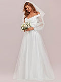 Women's A Line V Neck Floor-Length Off Shoulder Long Sleeves Puffy Tulle Wedding Dress for Bride  - Sara Clothes