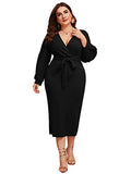 Women's Plus Size Bishop Sleeve Plunging V Neck Belted Bodycon Dress | Women's Work Dresses
