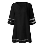 Spring Dresses For Women, Casual Crewneck Mesh Patchwork 3/4 Bell Sleeve Loose A-line Tunic Dress, Casual Sundresses | Original Brand