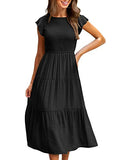 Black Summer Smocked Dress Flutter Short Sleeve Crewneck Elastic Waist Tiered Midi Dresses - WISFRUIT | Women's Casual Dresses