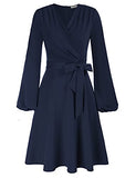 Women Ruched Dress Long Sleeve V-Neck Defined Waist Flared A-Line Dress