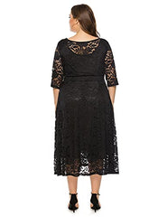 Women Plus Size Floral Lace 3/4 Sleeve Party Wedding Cocktail Midi Dress With Pockets