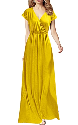 Yellow Women Cap Sleeve Loose Plain Pockets Maxi Casual Formal Long Dresses - REPHYLLIS | Women's Formal Dresses