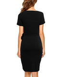 Women's Classic V-Neck Casual Party Knee Length Sheath Work Short Sleeve Faux Black Wrap Dress | Women's Work Dresses
