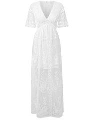 Women's Deep V Neck Short Sleeve Floral Lace Bridesmaid Maxi Dress Party Gown