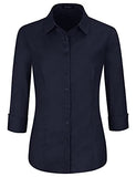 Navy Sleeve Womens Slim-Fit Long Sleeve Stretchy Button Down Collar Office Formal Casual Shirt Blouse - EZEN | Women's Tops and Blouses