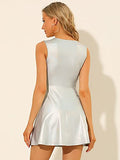 Women's Metallic Sleeveless Round Neck High Waist Holographic Flare Dress