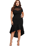 Women's Plus Size Elegant Mesh Frill Ruffle Round Neck Pencil Party Cocktail Dress | Women's Work Dresses