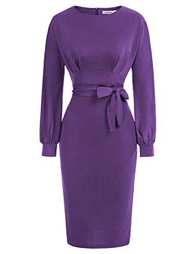 Purple Long Sleeve Women's Bodycon Pencil Dress Office Wear To Work Dresses With Pocket Belt Jasambac