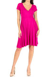 Women's Casual Stretch Flared A-line Swing Loose V-neck Short Sleeve Solid Midi Dress