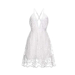 Women Summer V-neck Spaghetti Straps Lace Backless Cocktail Party Club Beach Mini Skater Dresses