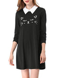 Women's Cat Face Printed Contrast Collar Flare Mini Dress | Original Brand