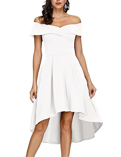 White Off Shoulder High Low A Line Wedding Guest Party Cocktail Dress - JASAMBAC