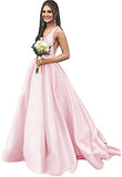 V Neck Satin Prom Dresses Aline Wedding Dresses Empire Waist Formal Dresses With Pockets