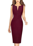 Dark Red White Striped Sleeveless Womens Front Zipper Slim Work Office Business Cocktail Party Pencil Dress Vfshow