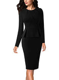 Black Long Sleeve Womens Pleated Crew Neck Peplum Wear To Work Office Sheath Dress Vfshow | Women's Work Dresses