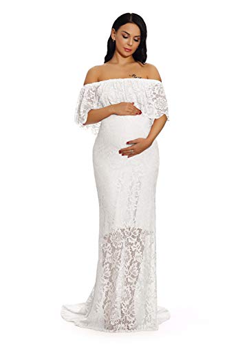 Women's Off Shoulder Ruffles Lace Gown Maxi Photography Baby Shower Dress