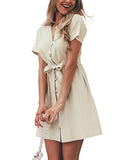 Women's Short Sleeve V Neck Button Down Casual Mini Dress with Tie Belt | Original Brand