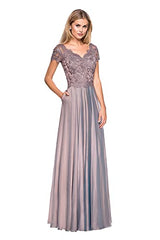 Women's V-neck Lace Long Mother Of The Bride Dress With Pockets Formal Evening Gown