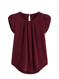 Women's Casual Round Neck Basic Pleated Top Cap Sleeve Curved Keyhole Back Blouse | Women's Tops and Blouses