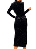 Women's Velvet Deep V Neck Wrap Split Hem Long Sleeve Midi Dress