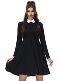 Women's Halloween Black Wednesday Addams Peter Pan Collar Long Sleeve Flare Skater Dress XS-XXL