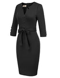 Women Retro 4-Mar Sleeve Work Office Business Pencil Dress with Belt | Women's Work Dresses