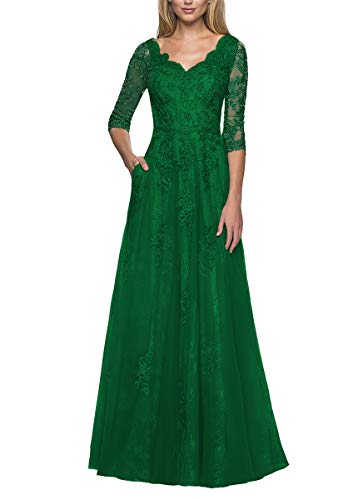 Women's Lace Appliques Mother Of The Bride Dress 3/4 Sleeves Evening Formal Gown With Pockets B096