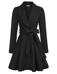 Women's Notch Lapel Long Sleeve a Line Pea Coat with Self Tie Belt