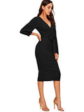 Women's Plunging V Neck Bishop Sleeve Bodycon Belted Dress | Women's Work Dresses
