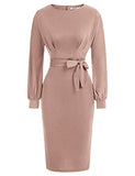 Pink Long Sleeve Women's Bodycon Pencil Dress Office Wear To Work Dresses With Pocket Belt Jasambac | Women's Work Dresses