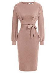 Pink Long Sleeve Women's Bodycon Pencil Dress Office Wear To Work Dresses With Pocket Belt Jasambac