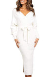 Fixmatti Women's Elegant V Neck Wrap Knit Dresses Batwing Sleeve Backless Slit Maxi Dress with Belted | Women's Casual Dresses