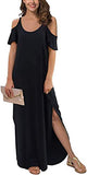 Women's Summer Casual Loose Long Dress Strapless Strap Cold Shoulder Short Sleeve Split Maxi Dresses with Pocket