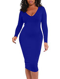 Women's Sexy Bodycon Long Sleeve Deep V Neck Club Party Midi Pencil Dresses