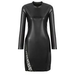 Women Sexy Long Sleeve Bodycon Tunic Dress Long Sleeve Crew Neck Lace Splicing Side Zipper Dresses Party Club Dress Black