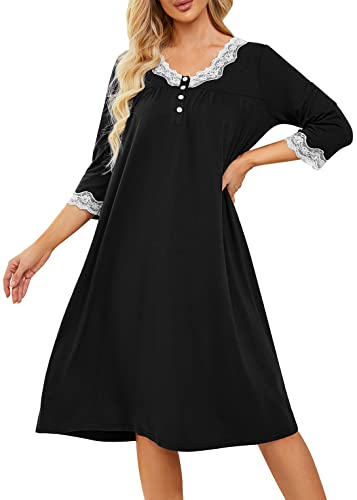 Women 3/4 Sleeves Lace Nightgown V Neck Sleepwear Button Down Loungewear Sleep Dress