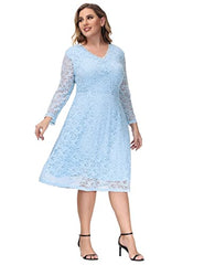 Women's Plus Size Lace Cocktail Dresses For Wedding Guest V Neck Midi Party Dress