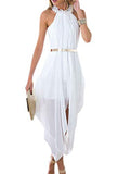 DESIGNER97 Women's Elegant High Low Sheer Chiffon Gold Belted Folds Casual Beach Holiday Party Dress