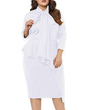 Women's Plus Size Long Sleeve Peplum Tie Neck Bodycon Pencil Midi Dress | Women's Midi Dresses