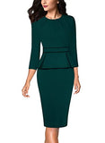 Green With Black Piping Womens Pleated Crew Neck Peplum Wear To Work Office Sheath Dress Vfshow