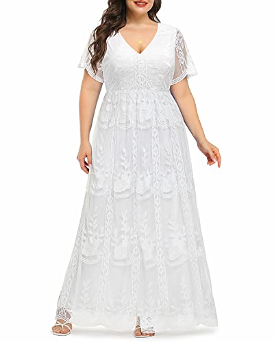 Women Plus Size V Neck Floral Lace Maxi Boho Wedding Short Sleeve Cocktail A Line Dress