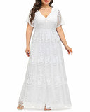 Women Plus Size V Neck Floral Lace Maxi Boho Wedding Short Sleeve Cocktail A Line Dress | Women's Casual Dresses