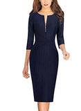 Navy Blue And White Striped  Womens Front Zipper Slim Work Office Business Cocktail Party Pencil Dress Vfshow