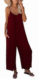 Wine Red Casual Sleeveless Strap Loose Adjustable Jumpsuits Stretchy Long Pants Romper with Pockets - SNUGWIND | Women's Romper & Jumper Suit